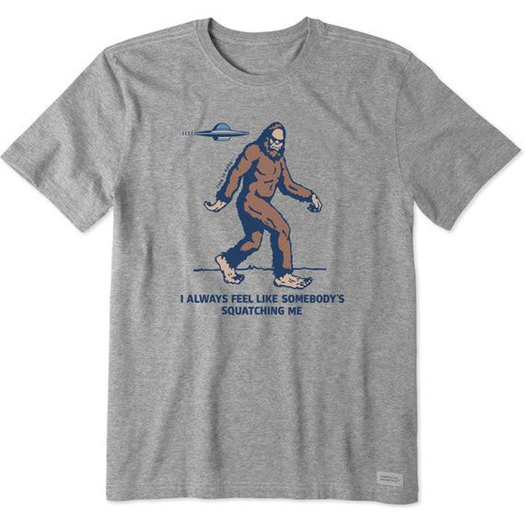 Life is Good Men's Somebody's Squatching Me Short Sleeve Crusher Tee-Men's - Clothing - Tops-Life is Good-Heather Grey-M-Appalachian Outfitters