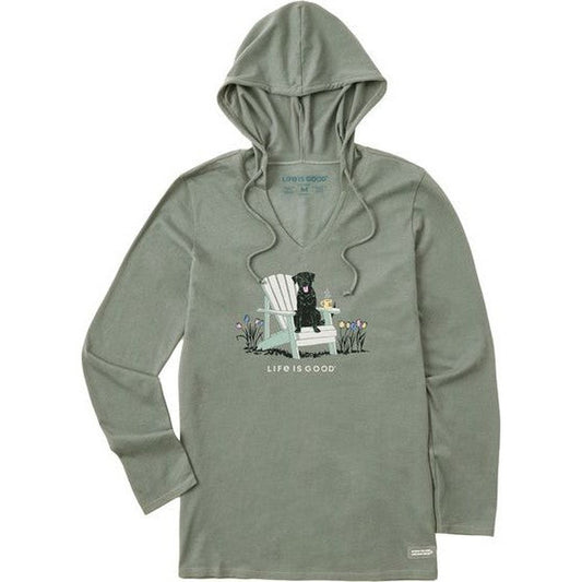 Life is Good Women's Black Lab Adirondack Long Sleeve Crusher-LITE Hooded Tee-Women's - Clothing - Tops-Life is Good-Moss Green-S-Appalachian Outfitters