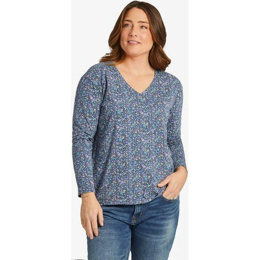 Life is Good Women's Ditsy Floral Pattern Long-Sleeve Crusher-LITE Easy Vee-Women's - Clothing - Tops-Life is Good-Darkest Blue-S-Appalachian Outfitters