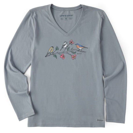 Life is Good Women's Dreamy Three Birds Long Sleeve Crusher Vee-Women's - Clothing - Tops-Life is Good-Stone Blue-S-Appalachian Outfitters