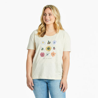 Life is Good Women's Fineline Bugs and Flowers Grid Relaxed Fit Slub Tee-Women's - Clothing - Tops-Life is Good-Putty White-S-Appalachian Outfitters