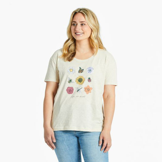 Life is Good Women's Fineline Bugs and Flowers Grid Relaxed Fit Slub Tee-Women's - Clothing - Tops-Life is Good-Putty White-S-Appalachian Outfitters