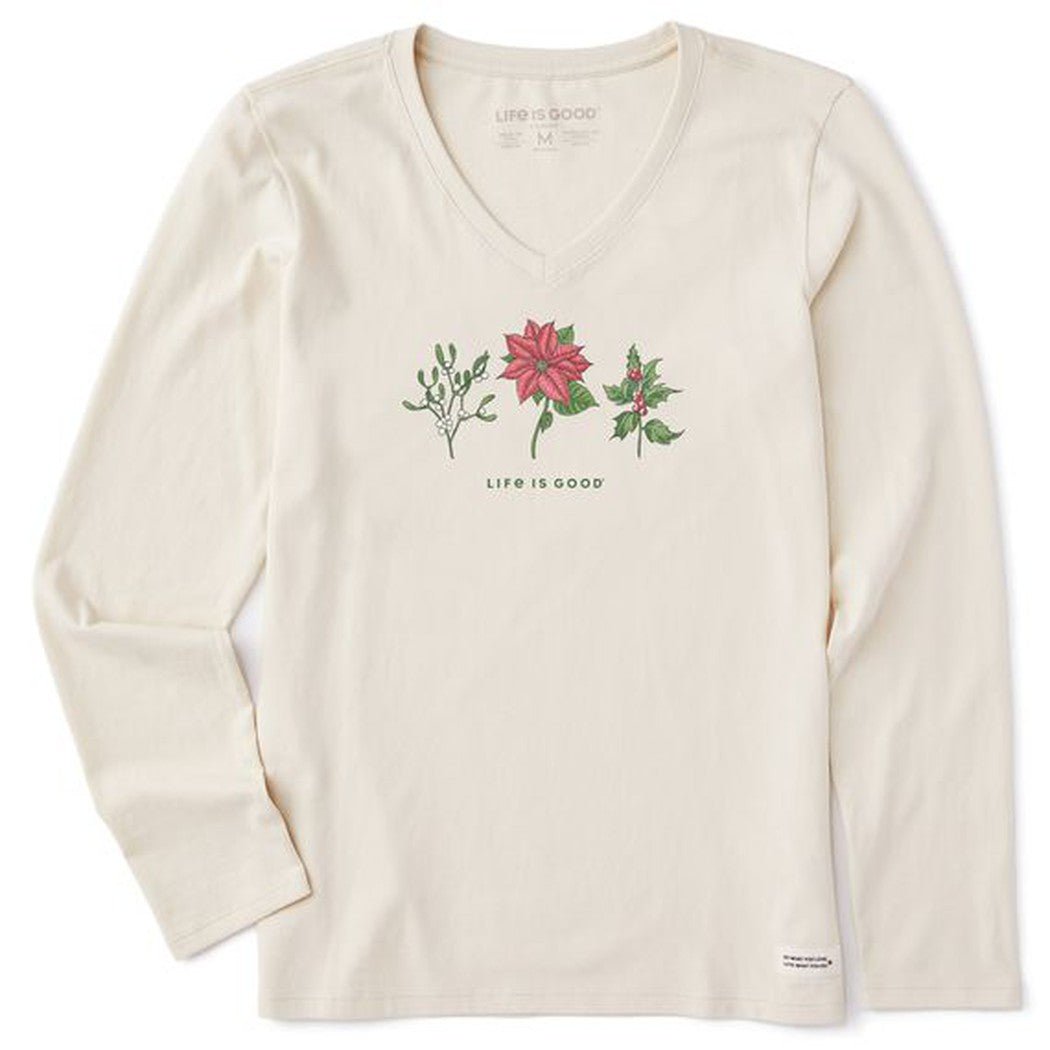 Life is Good Women's Holiday Flowers Long Sleeve Crusher-LITE Vee-Women's - Clothing - Tops-Life is Good-Putty White-S-Appalachian Outfitters