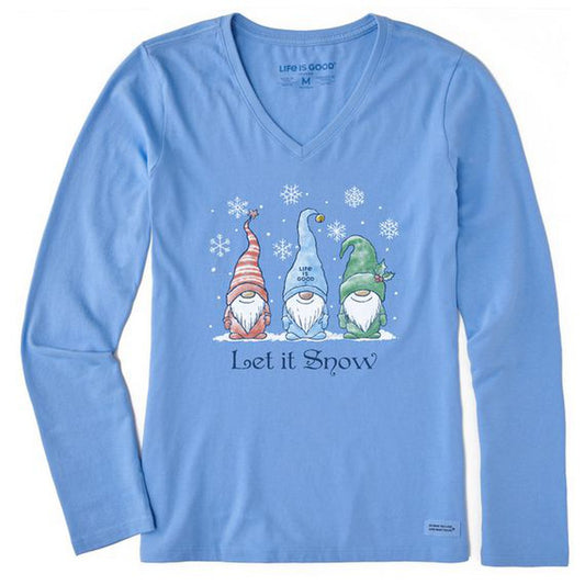 Life is Good Women's Let It Snow Gnomes Long Sleeve Crusher Vee-Women's - Clothing - Tops-Life is Good-Cornflower Blue-S-Appalachian Outfitters