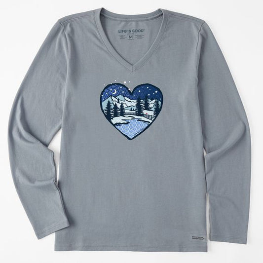 Life is Good Women's Macro Winter Heart Long Sleeve Crusher Vee-Women's - Clothing - Tops-Life is Good-Stone Blue-S-Appalachian Outfitters