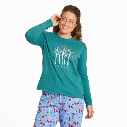 Life is Good Women's Peaceful Cardinal Forest Long Sleeve Snuggle Up Relaxed Sleep Tee-Women's - Clothing - Tops-Life is Good-Spruce Green-S-Appalachian Outfitters