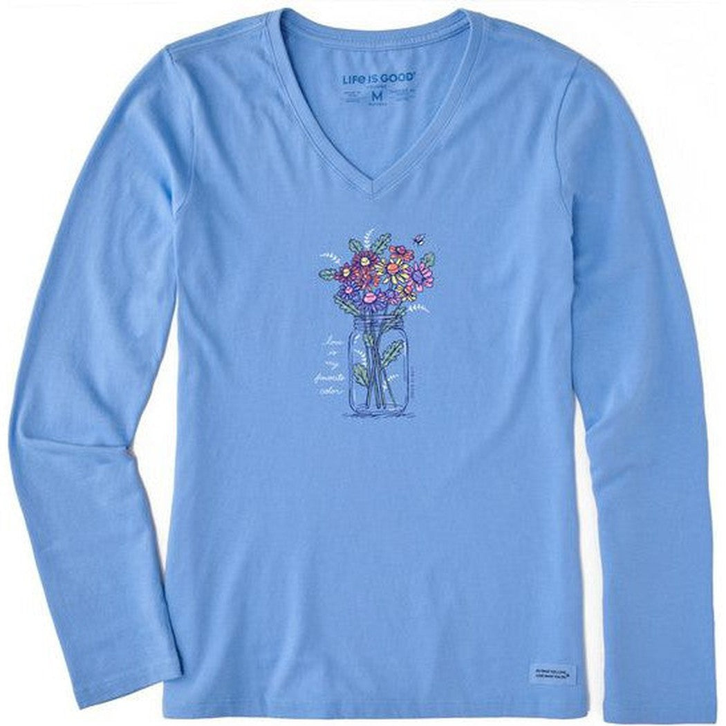 Life is Good Women's Rainbow Love Daisies Long Sleeve Crusher-LITE Vee-Women's - Clothing - Tops-Life is Good-Cornflower Blue-S-Appalachian Outfitters