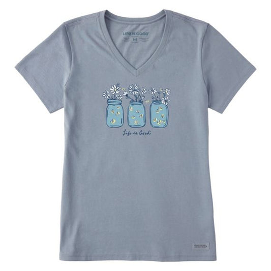 Life is Good Women's Realaxed Shine On Daisy Jars Short Sleeve Vee-Women's - Clothing - Tops-Life is Good-Stone Blue-S-Appalachian Outfitters