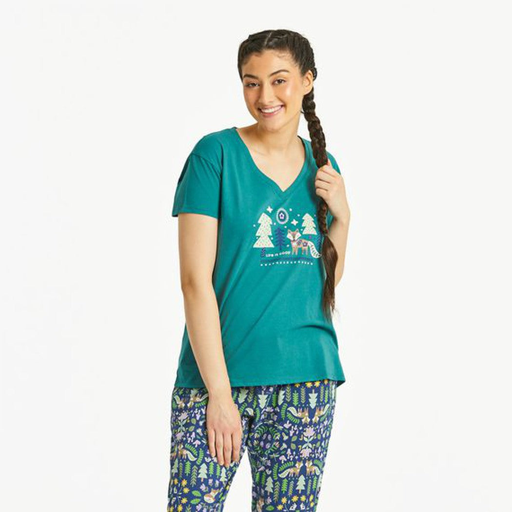 Life is Good Women's Starry Night Nordic Fox Snuggle Up Relaxed Sleep Vee-Women's - Clothing - Bottoms-Life is Good-Spruce Green-S-Appalachian Outfitters