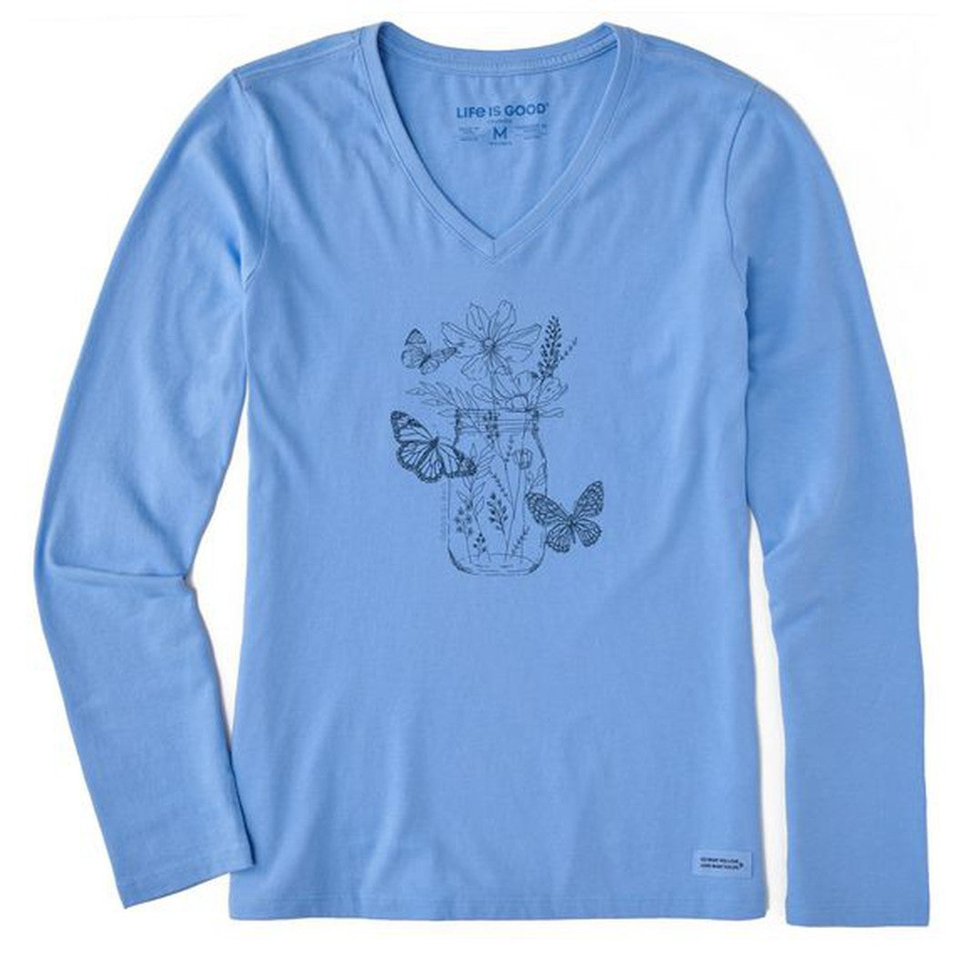 Life is Good Women's Wildflower And Butterflies Jar Long Sleeve Vee-Women's - Clothing - Tops-Life is Good-Cornflower-S-Appalachian Outfitters