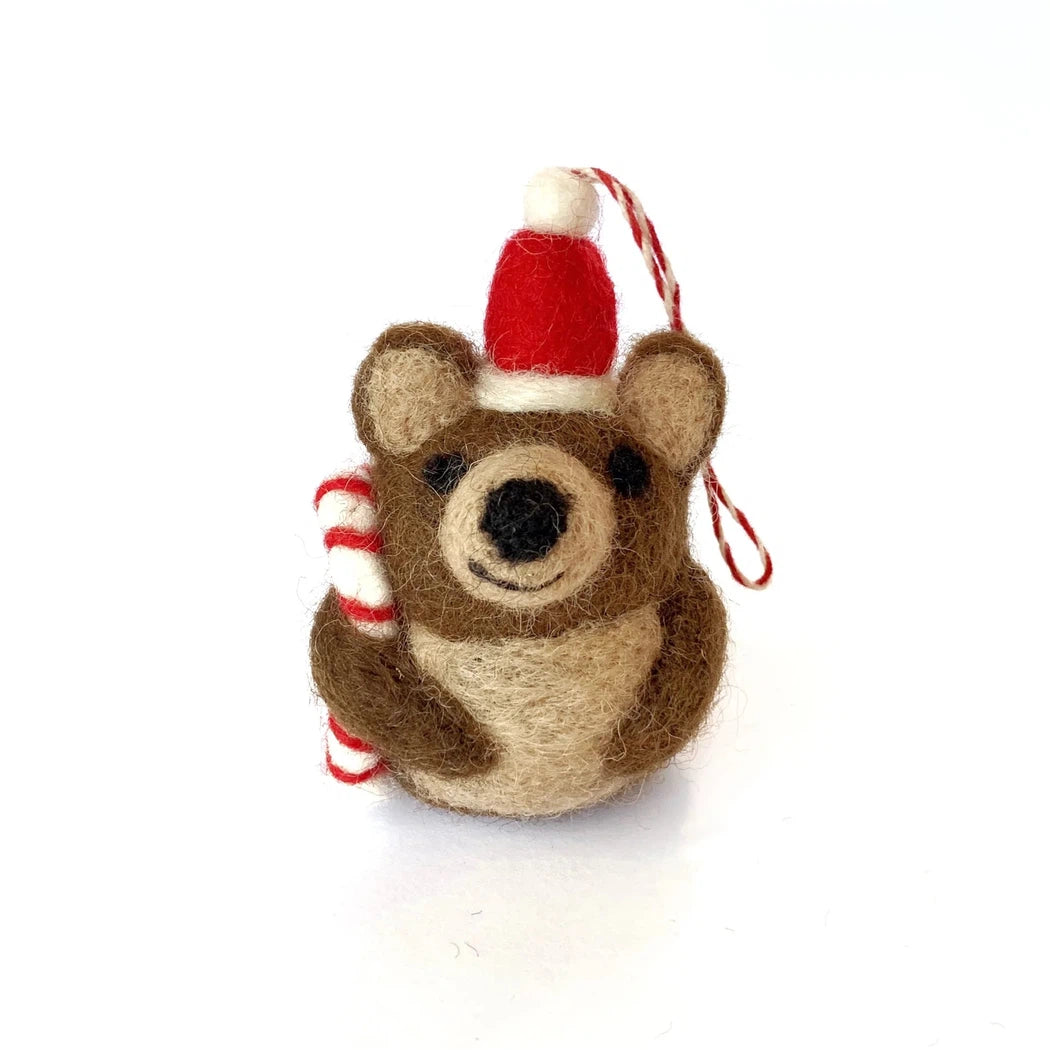 Ornaments 4 Orphans Brown Bear with Candy Cane Tufted Wool Christmas Ornament-Accessories - Novelty-Ornaments 4 Orphans-Appalachian Outfitters